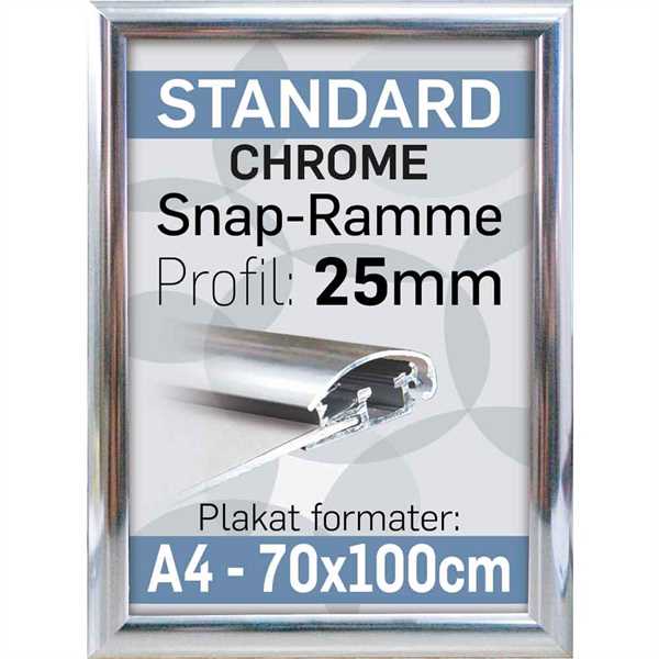 Snap ramme m 25 mm Alu profil - Krom - Poster: A3 - 29,7 x 42 cm